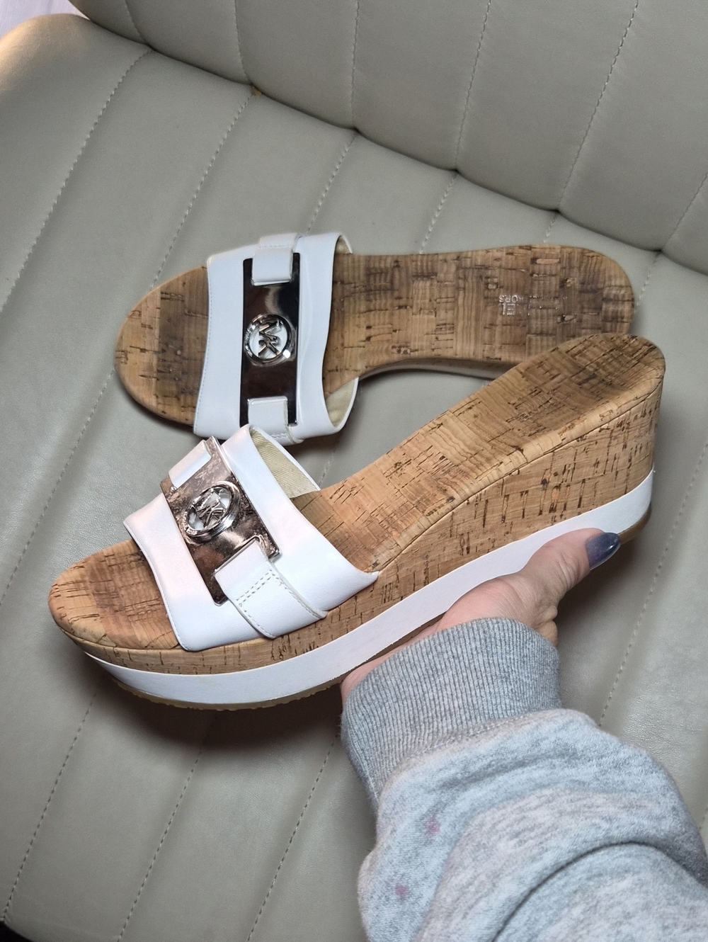 Micheal Michael Kors White Slide Sandals with Silver Logo Accent 8.5M